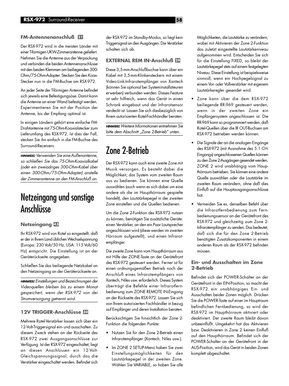 Netzeingang und sonstige anschlüsse, Zone 2-betrieb | ROTEL RSX-972 User Manual | Page 58 / 68