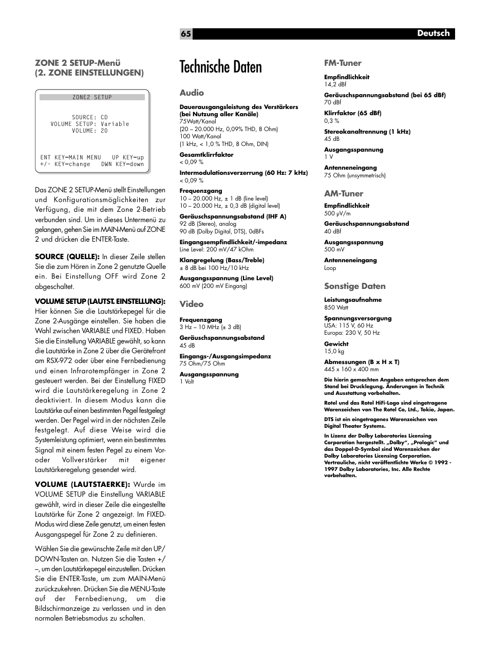 Technische daten, Deutsch | ROTEL RSX-972 User Manual | Page 65 / 68