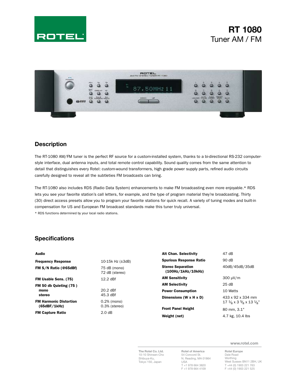 ROTEL RT-1080 User Manual | 1 page