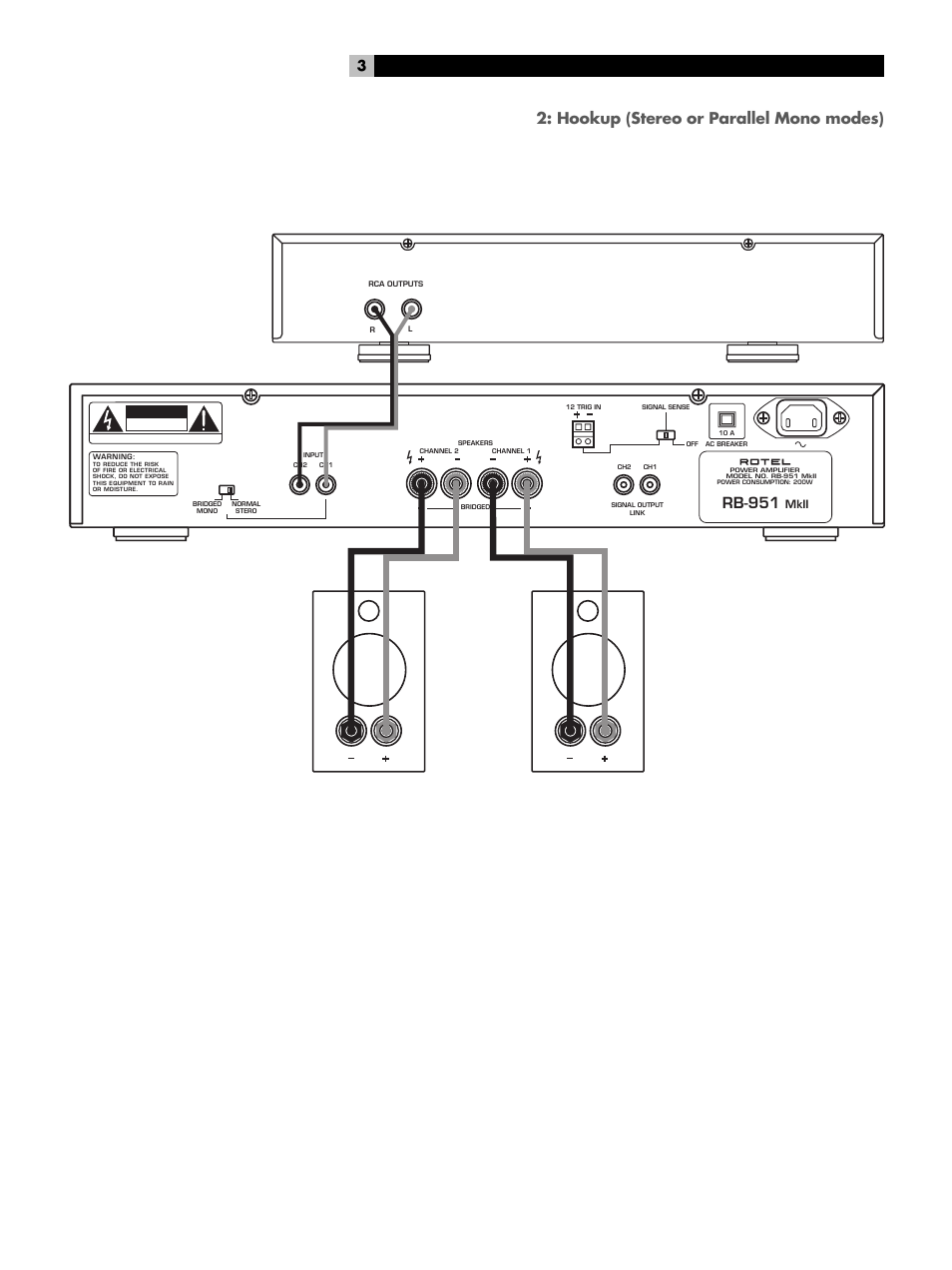 Hookup (stereo or parallel mono modes), Rb-951, Mkii caution | ROTEL RB-951MkII User Manual | Page 3 / 12