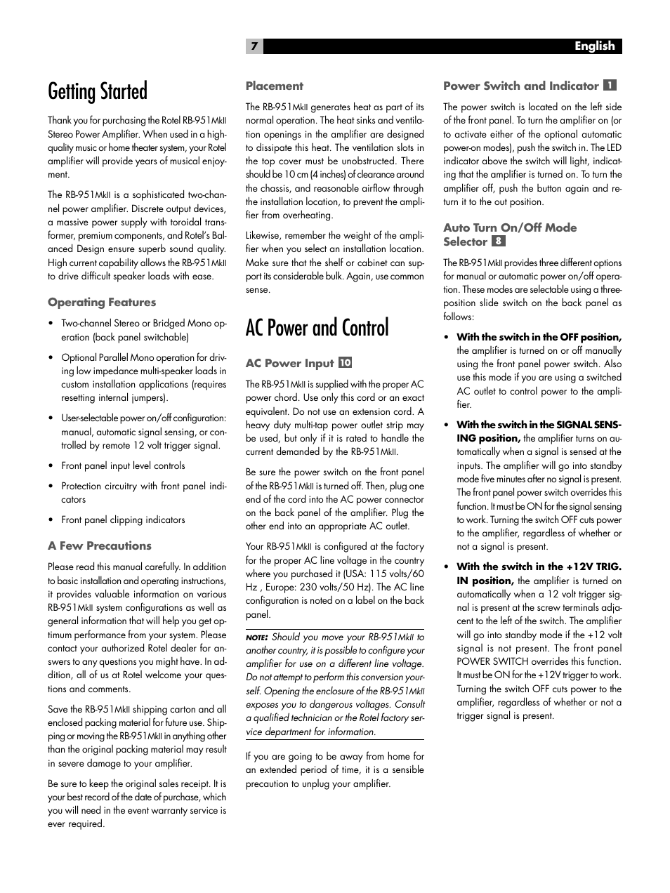 Getting started, Operating features, A few precautions | Placement, Ac power and control, Ac power input, Power switch and indicator, Auto turn on/off mode selector | ROTEL RB-951MkII User Manual | Page 7 / 12