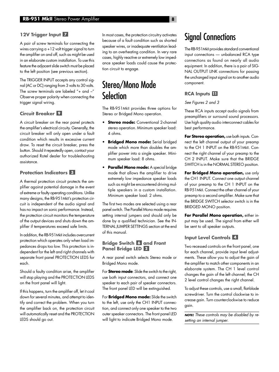 12v trigger input, Circuit breaker, Protection indicators | Stereo/mono mode selection, Bridge switch and front panel bridge led, Signal connections, Rca inputs, Input level controls, Bridge switch, Front panel bridge led | ROTEL RB-951MkII User Manual | Page 8 / 12