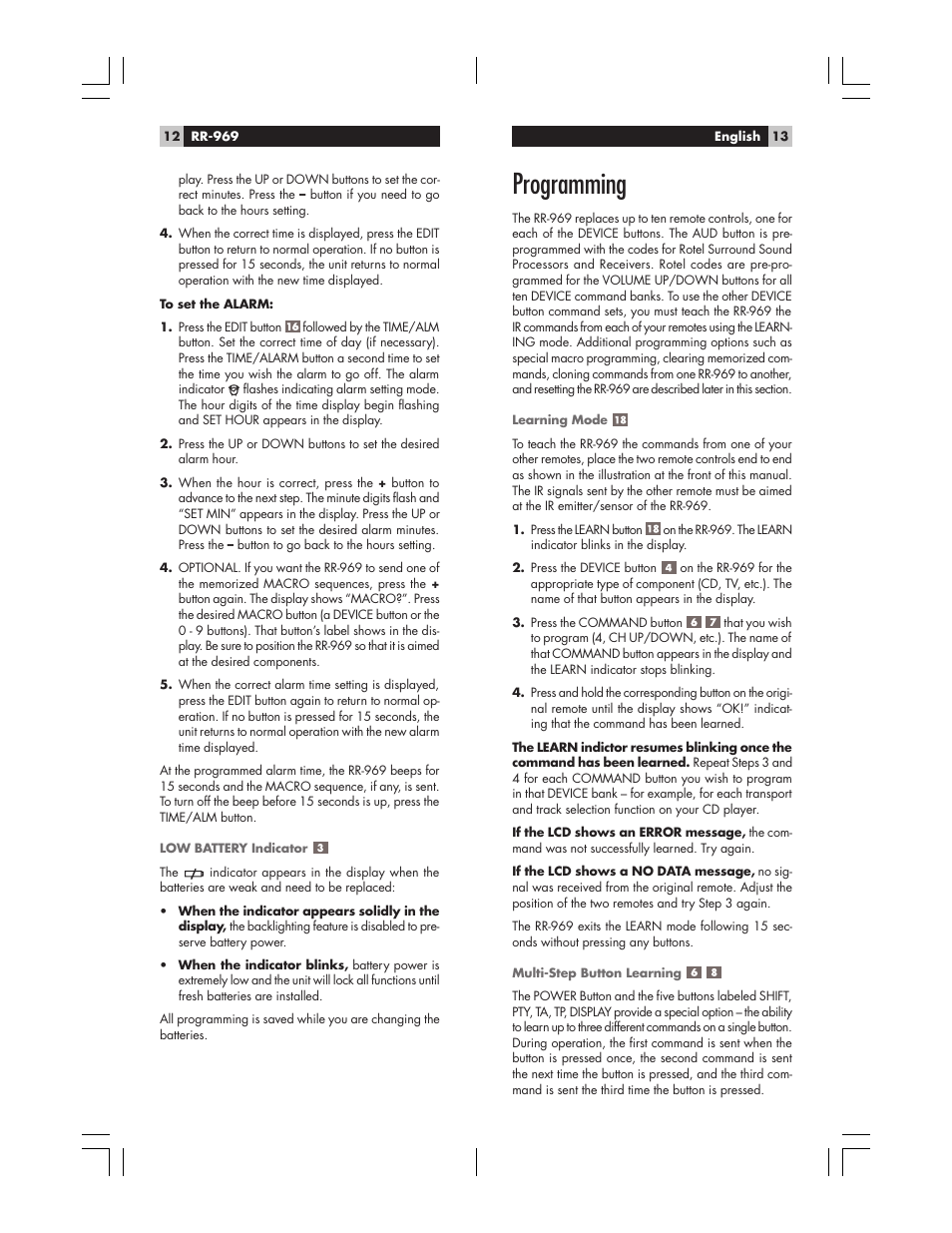 Programming | ROTEL RR-969 User Manual | Page 7 / 10