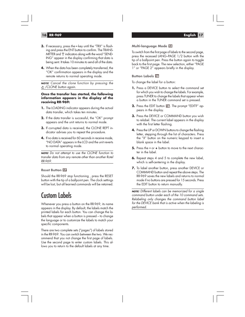 Custom labels | ROTEL RR-969 User Manual | Page 9 / 10