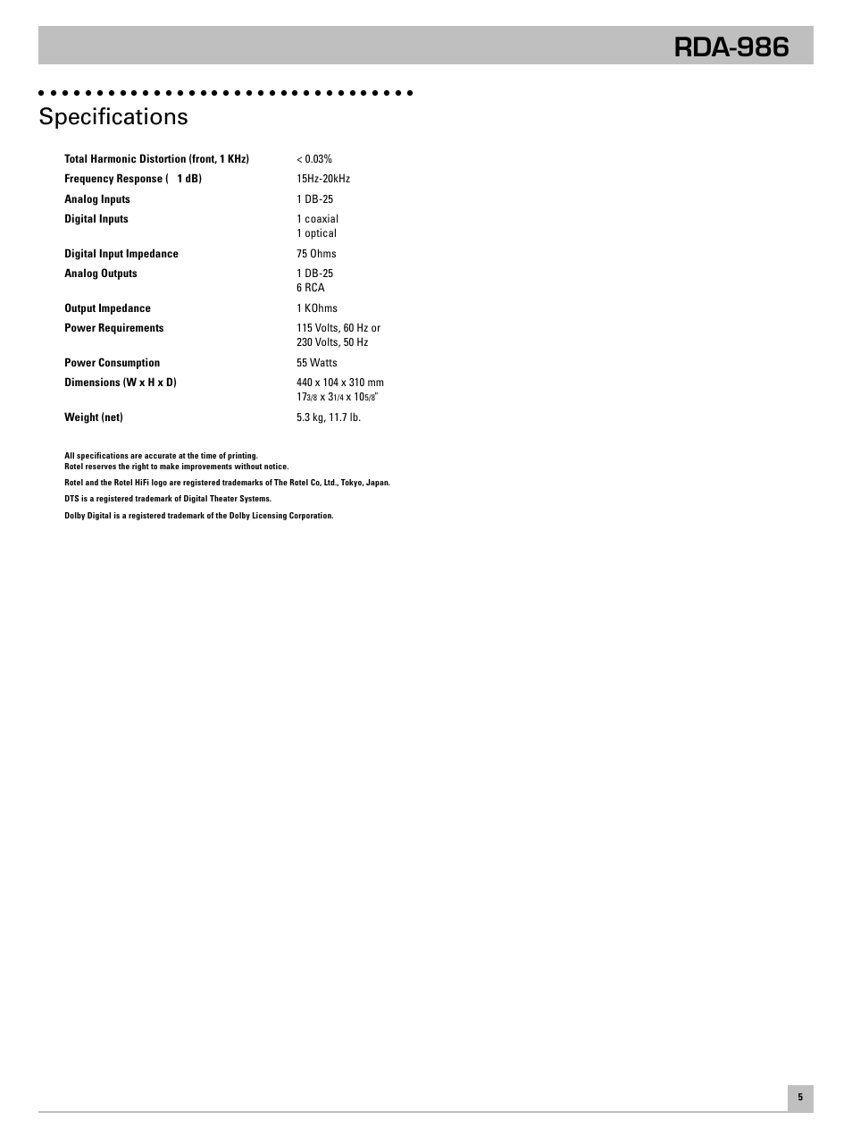 Rda-986, Specifications | ROTEL RDA-986 User Manual | Page 7 / 8