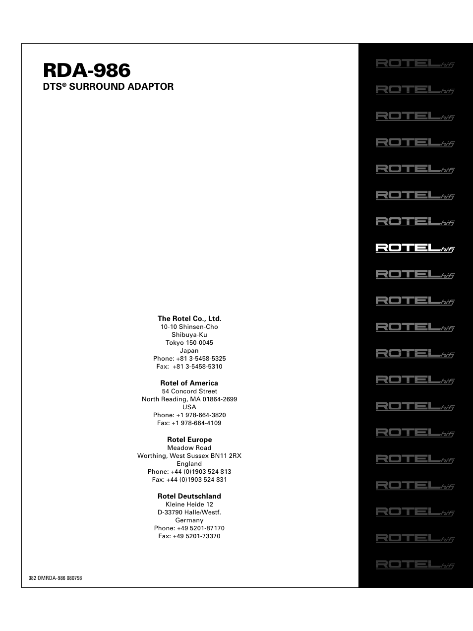 Rda-986, Surround adaptor | ROTEL RDA-986 User Manual | Page 8 / 8