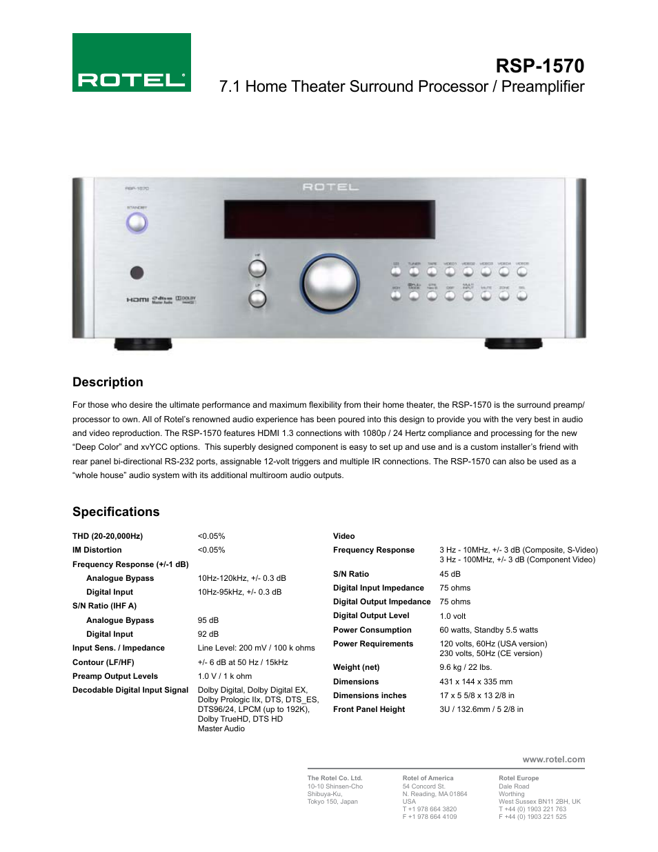 ROTEL RSP-1570 User Manual | 1 page