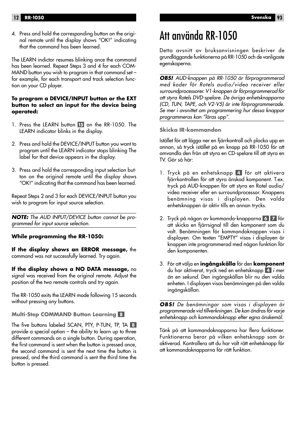 Att använda rr-1050 | ROTEL RR-1050 User Manual | Page 10 / 50