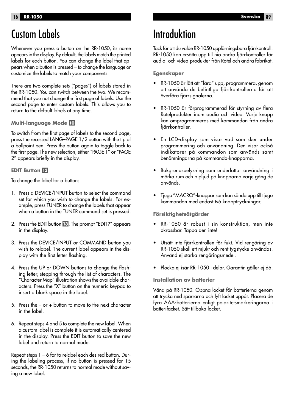 Custom labels, Introduktion | ROTEL RR-1050 User Manual | Page 14 / 50