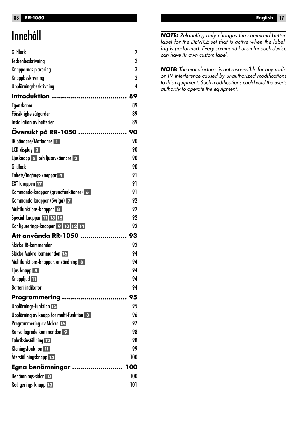 Innehåll | ROTEL RR-1050 User Manual | Page 15 / 50