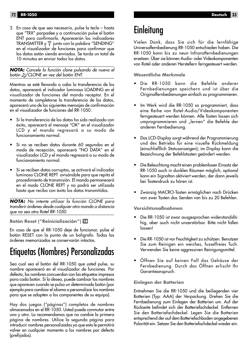 Etiquetas (nombres) personalizadas, Einleitung | ROTEL RR-1050 User Manual | Page 31 / 50