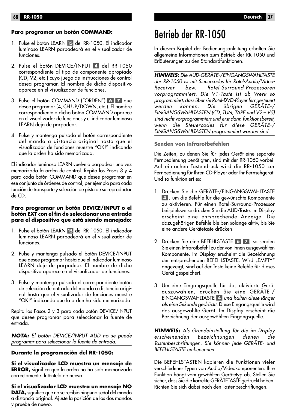 Betrieb der rr-1050 | ROTEL RR-1050 User Manual | Page 35 / 50