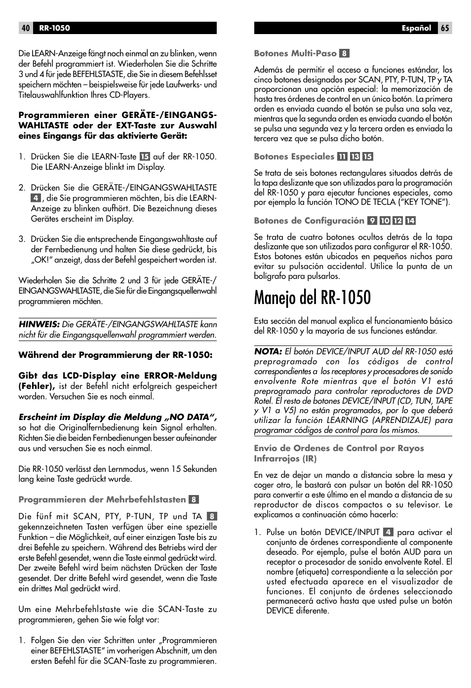 Manejo del rr-1050 | ROTEL RR-1050 User Manual | Page 38 / 50