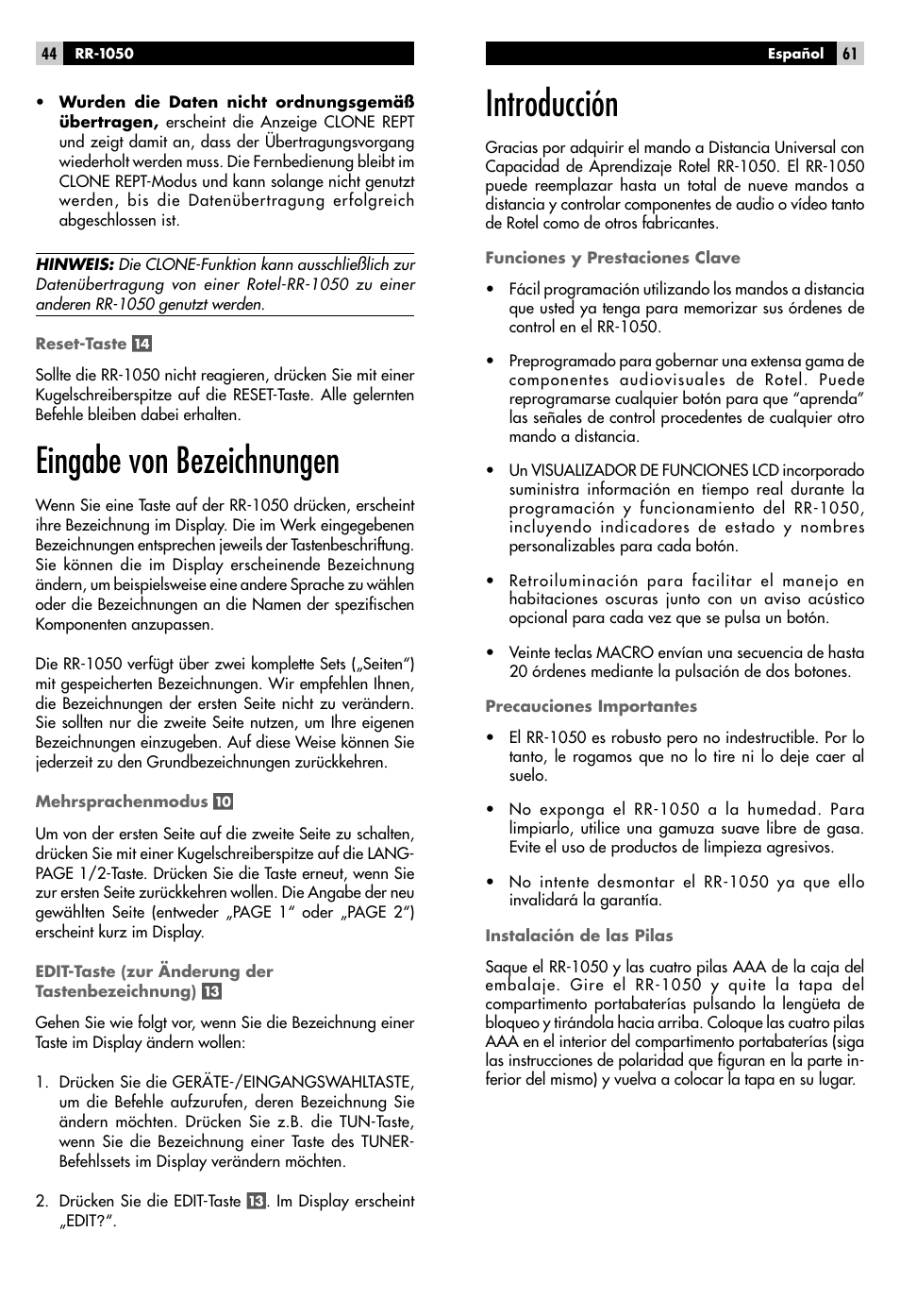 Eingabe von bezeichnungen, Introducción | ROTEL RR-1050 User Manual | Page 42 / 50