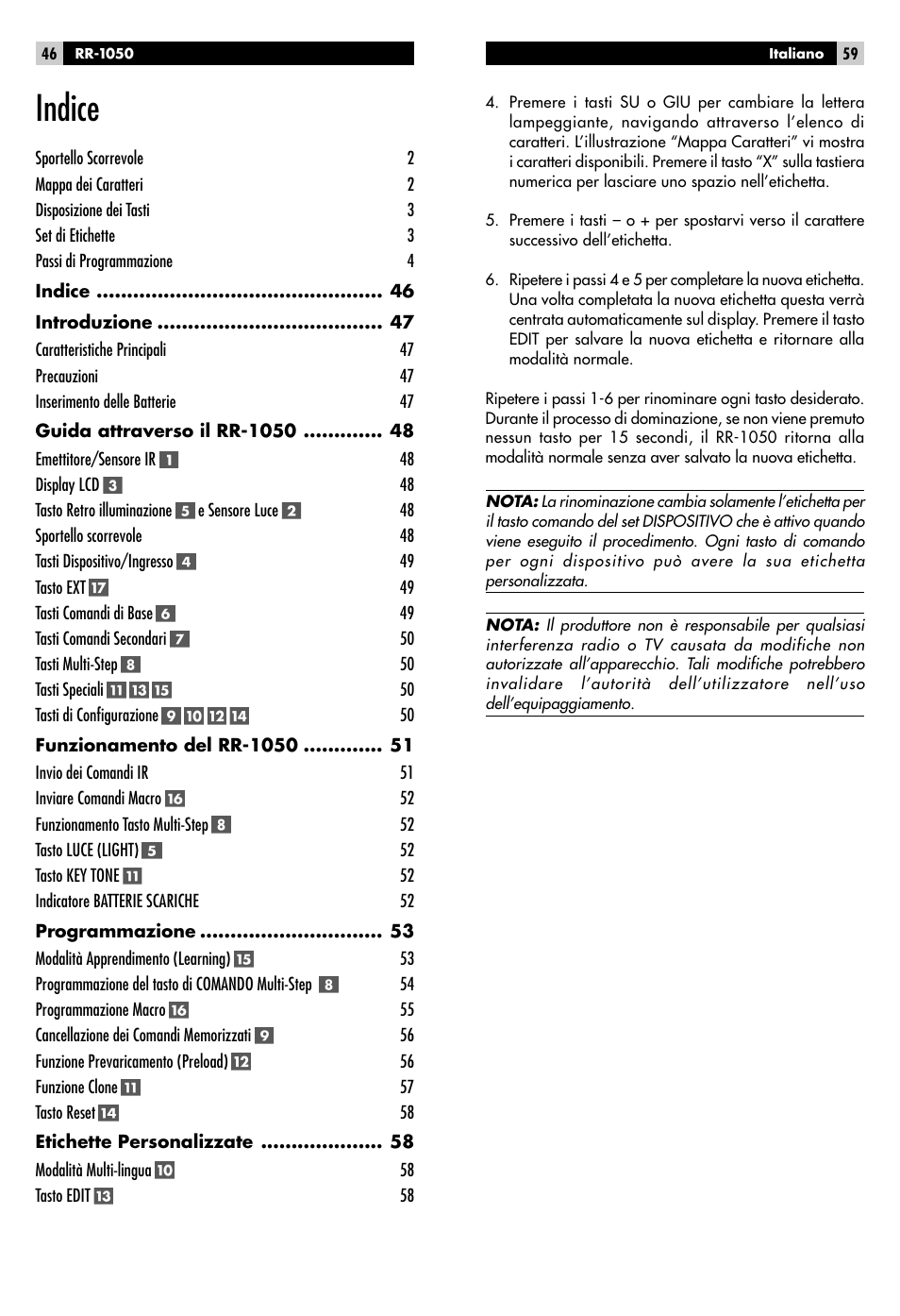 Indice | ROTEL RR-1050 User Manual | Page 44 / 50