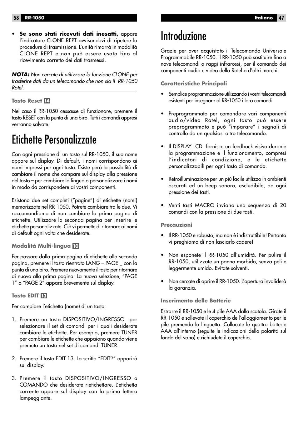 Etichette personalizzate, Introduzione | ROTEL RR-1050 User Manual | Page 45 / 50