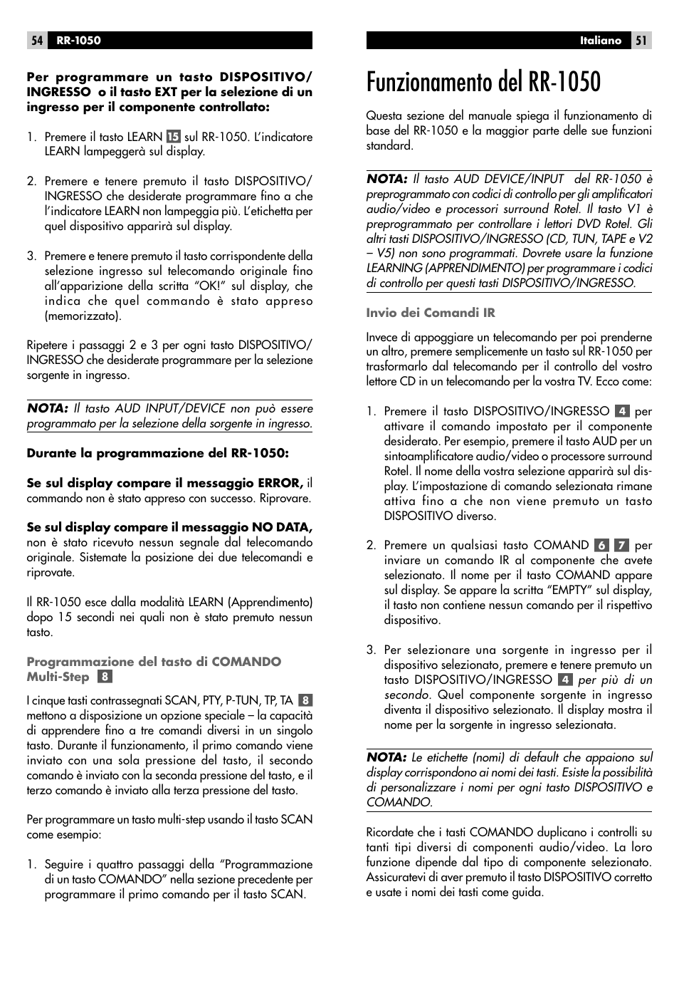 Funzionamento del rr-1050 | ROTEL RR-1050 User Manual | Page 49 / 50