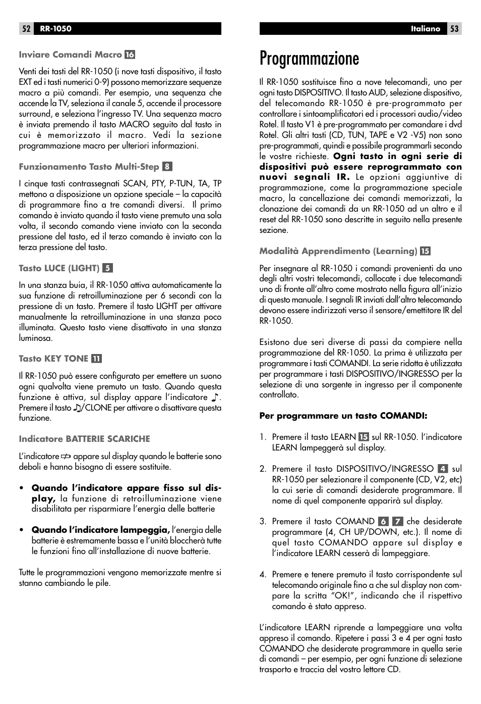 Programmazione | ROTEL RR-1050 User Manual | Page 50 / 50
