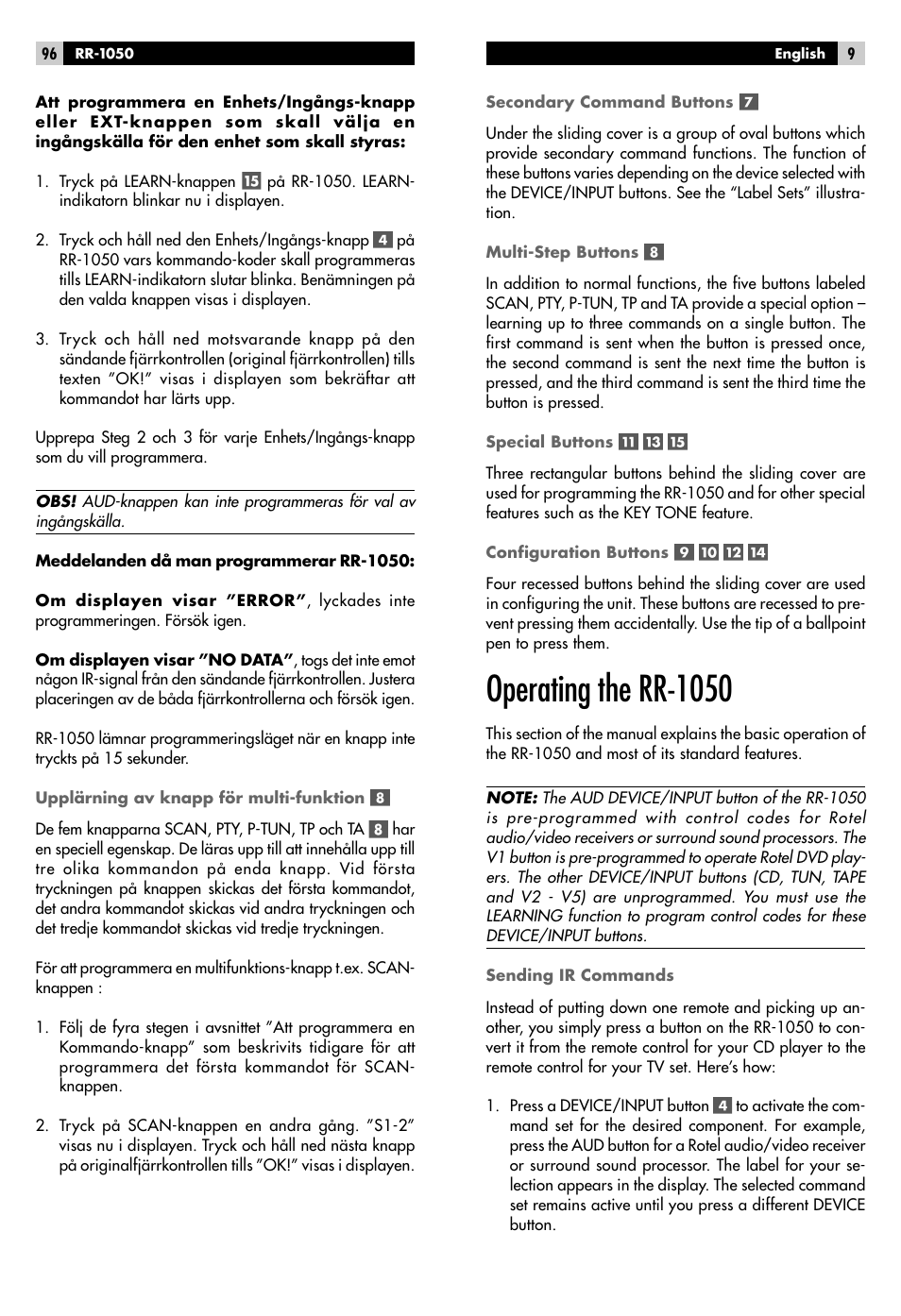 Operating the rr-1050 | ROTEL RR-1050 User Manual | Page 7 / 50