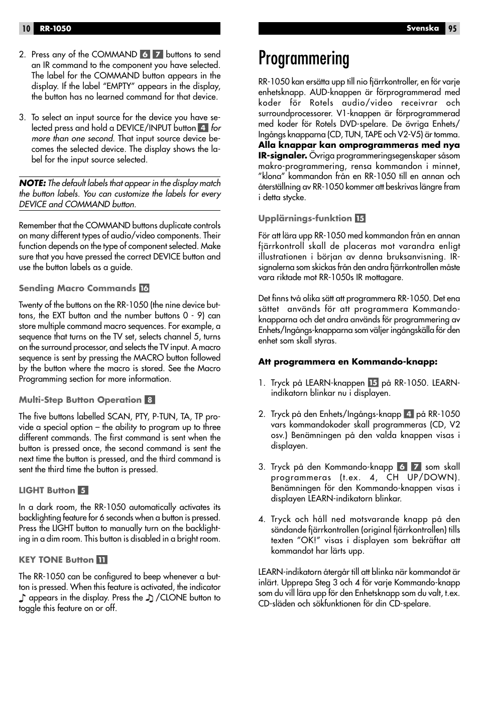 Programmering | ROTEL RR-1050 User Manual | Page 8 / 50