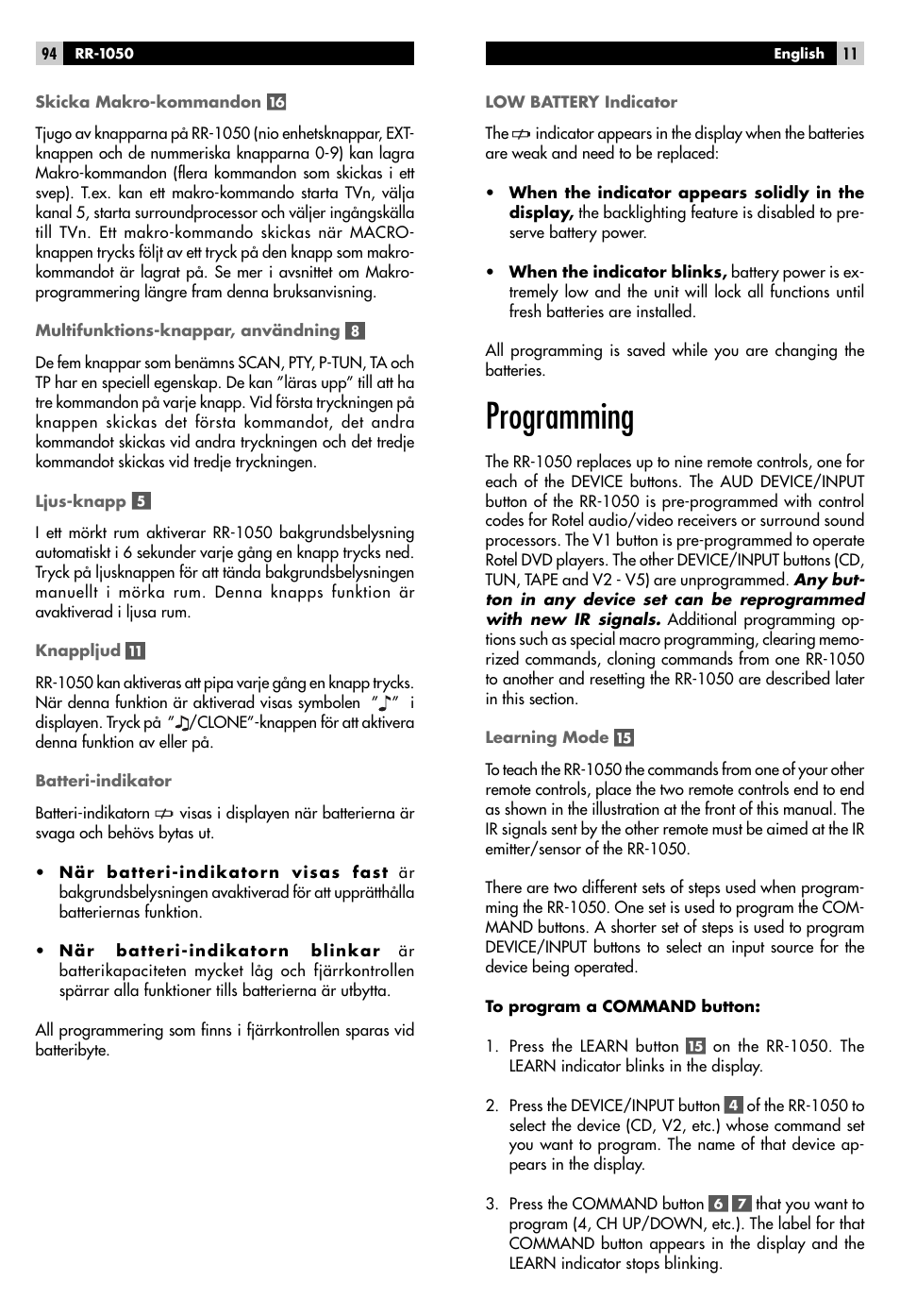 Programming | ROTEL RR-1050 User Manual | Page 9 / 50