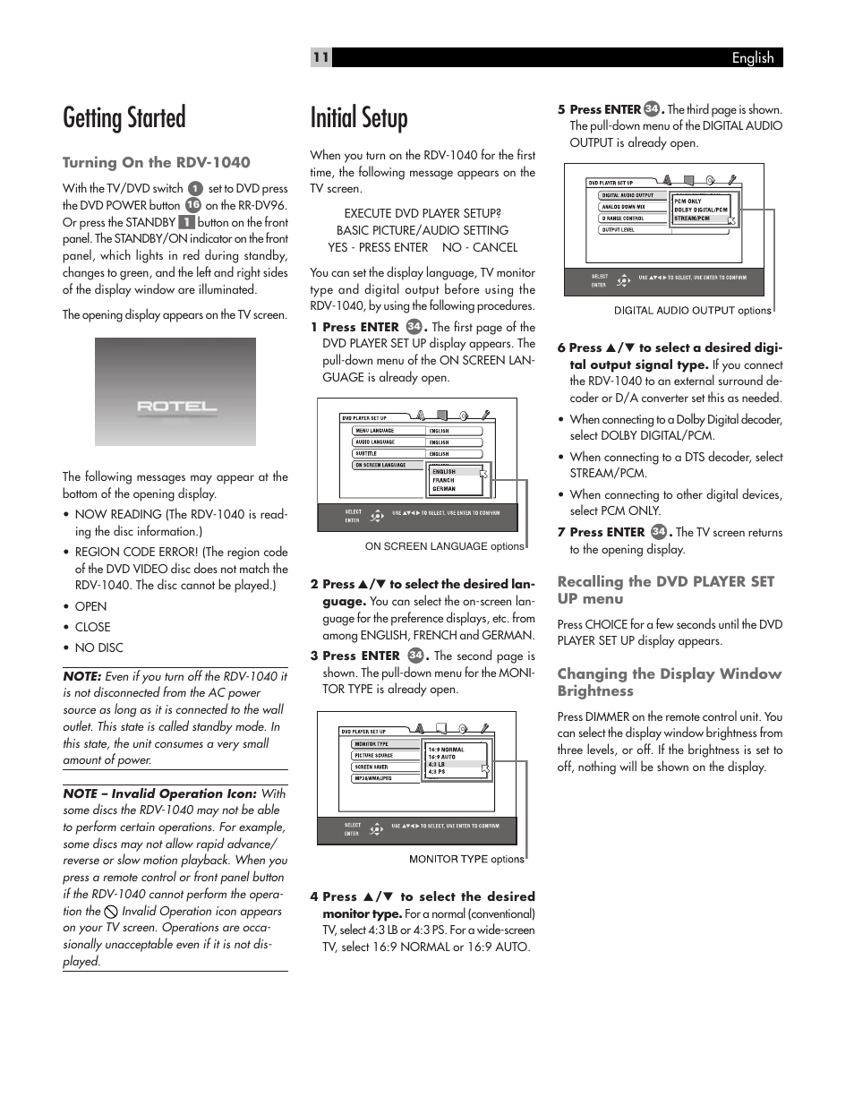 Getting started, Initial setup | ROTEL RDV-1040 User Manual | Page 11 / 31