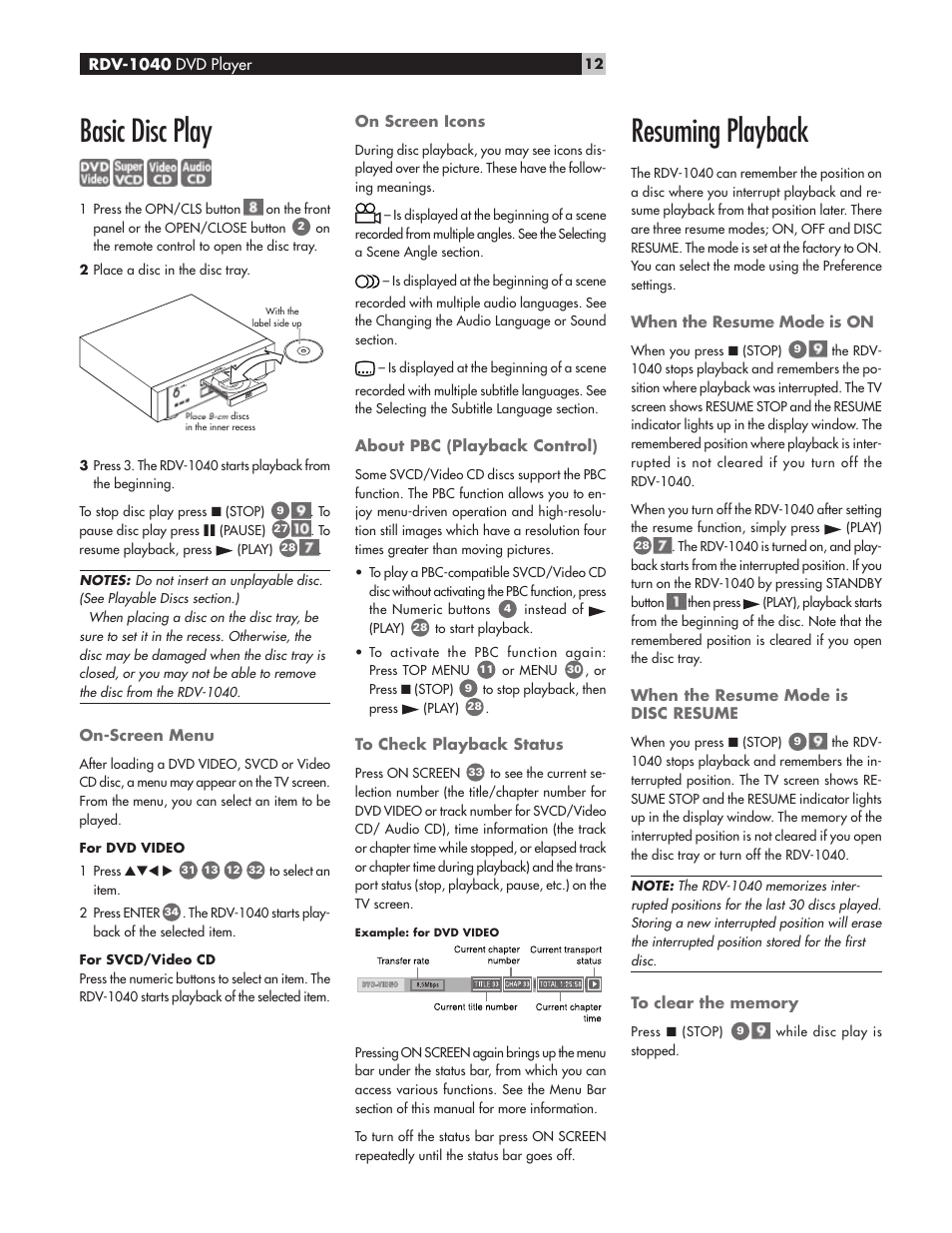 Basic disc play, Resuming playback | ROTEL RDV-1040 User Manual | Page 12 / 31