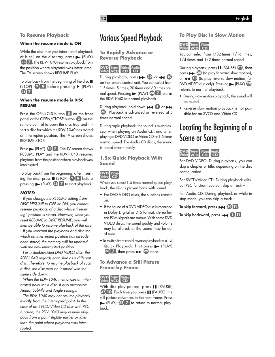 Various speed playback, Locating the beginning of a scene or song | ROTEL RDV-1040 User Manual | Page 13 / 31