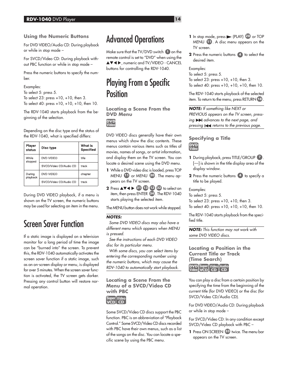 Screen saver function, Advanced operations, Playing from a specific position | ROTEL RDV-1040 User Manual | Page 14 / 31