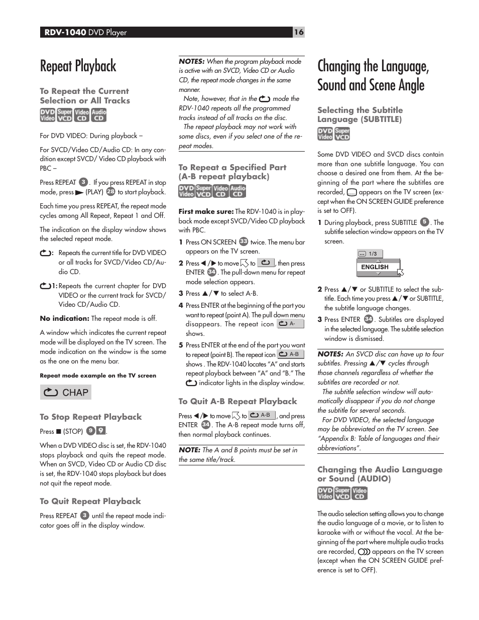 Repeat playback, Changing the language, sound and scene angle | ROTEL RDV-1040 User Manual | Page 16 / 31