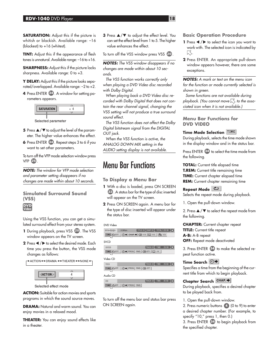 Menu bar functions | ROTEL RDV-1040 User Manual | Page 18 / 31