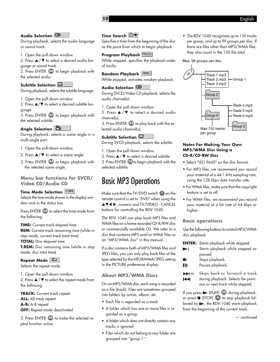 Basic mp3 operations | ROTEL RDV-1040 User Manual | Page 19 / 31