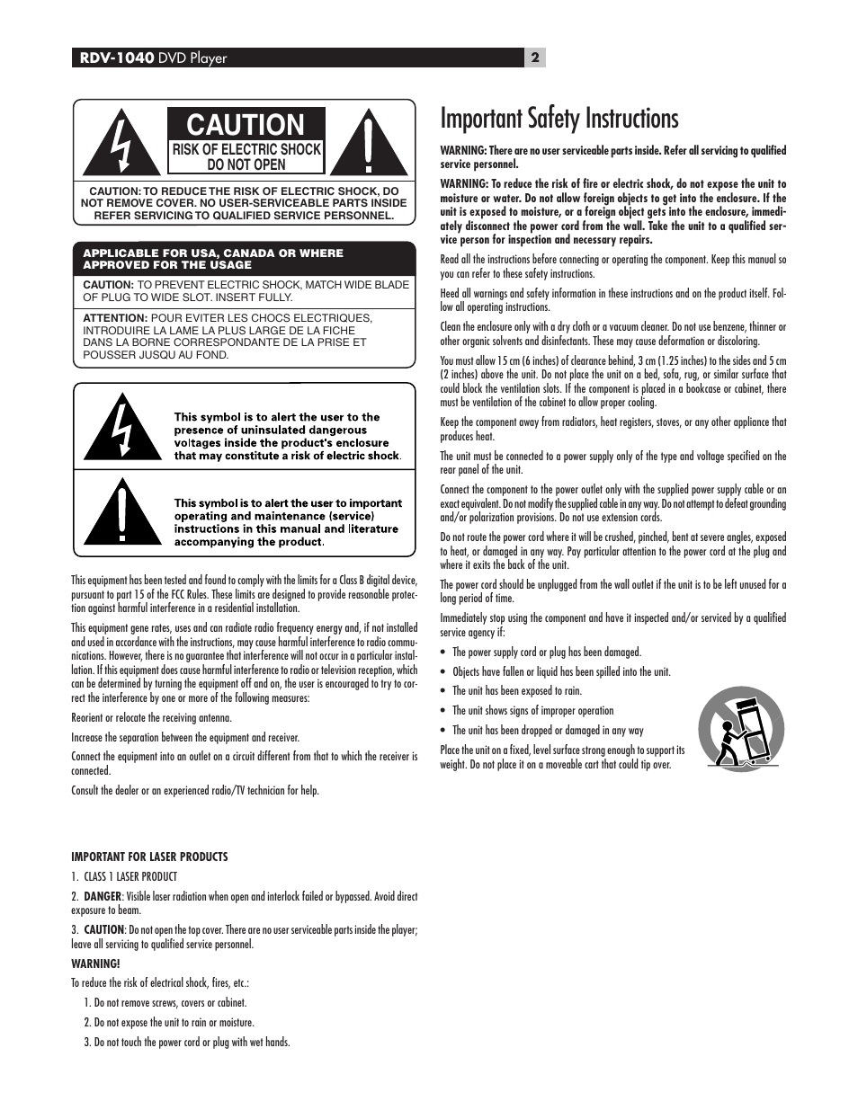 Caution, Important safety instructions | ROTEL RDV-1040 User Manual | Page 2 / 31