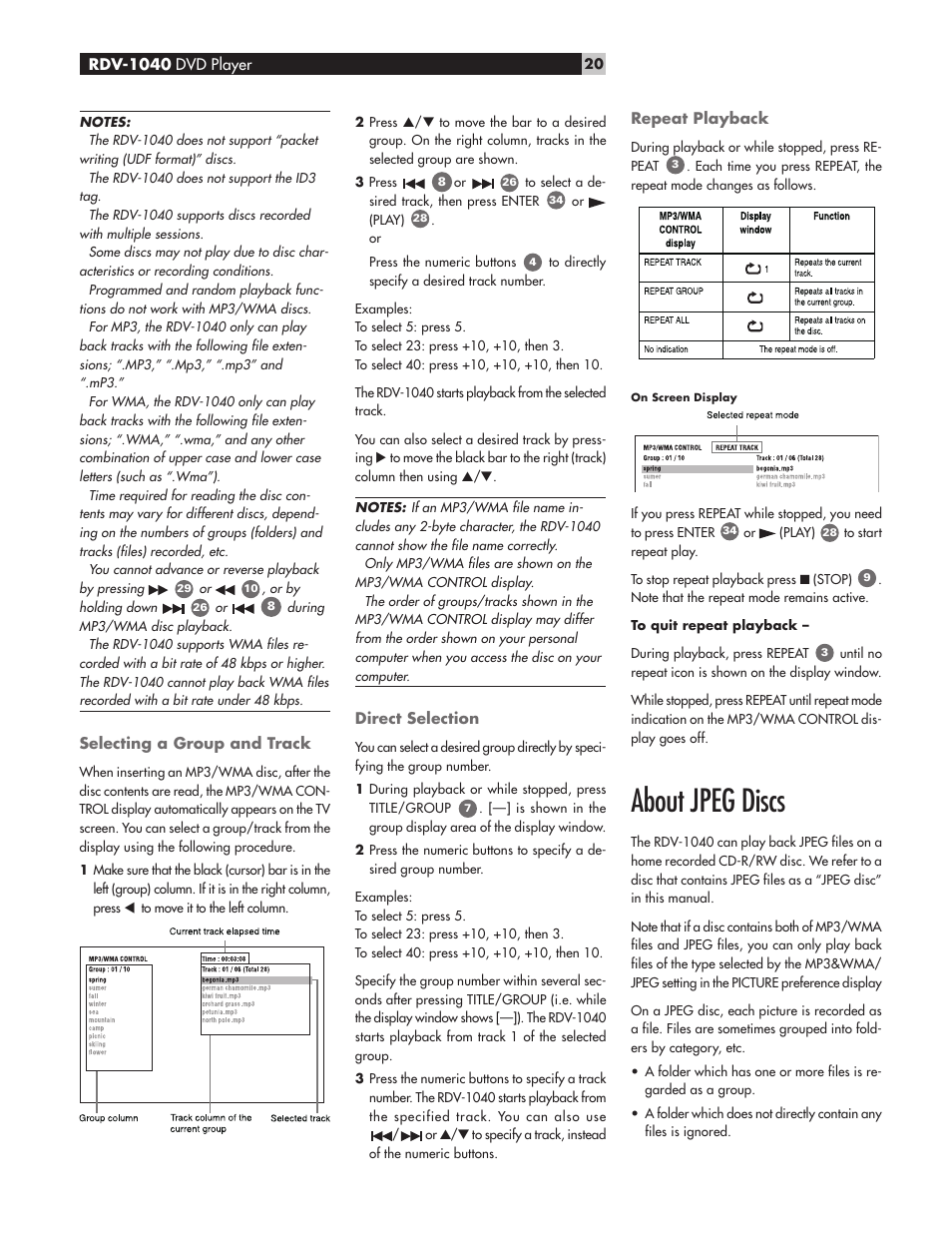 About jpeg discs | ROTEL RDV-1040 User Manual | Page 20 / 31