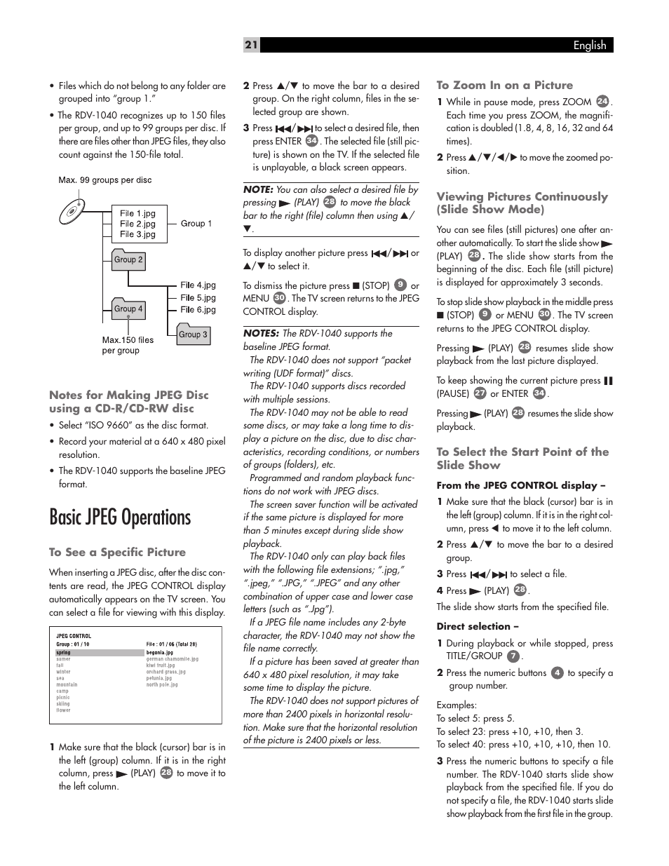 Basic jpeg operations | ROTEL RDV-1040 User Manual | Page 21 / 31