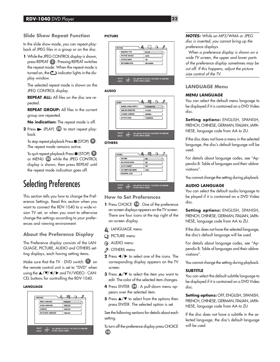 Selecting preferences | ROTEL RDV-1040 User Manual | Page 22 / 31