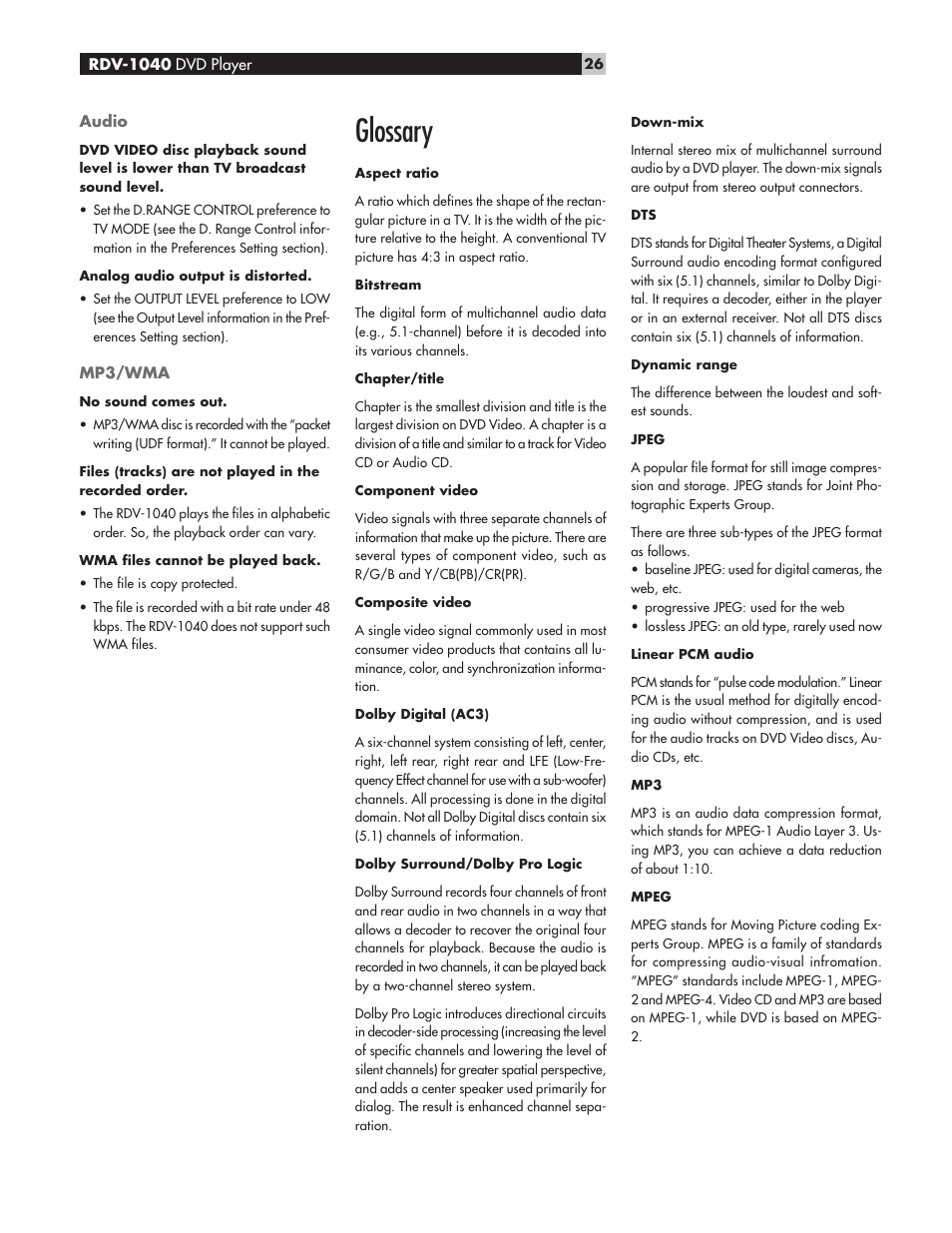 Glossary | ROTEL RDV-1040 User Manual | Page 26 / 31