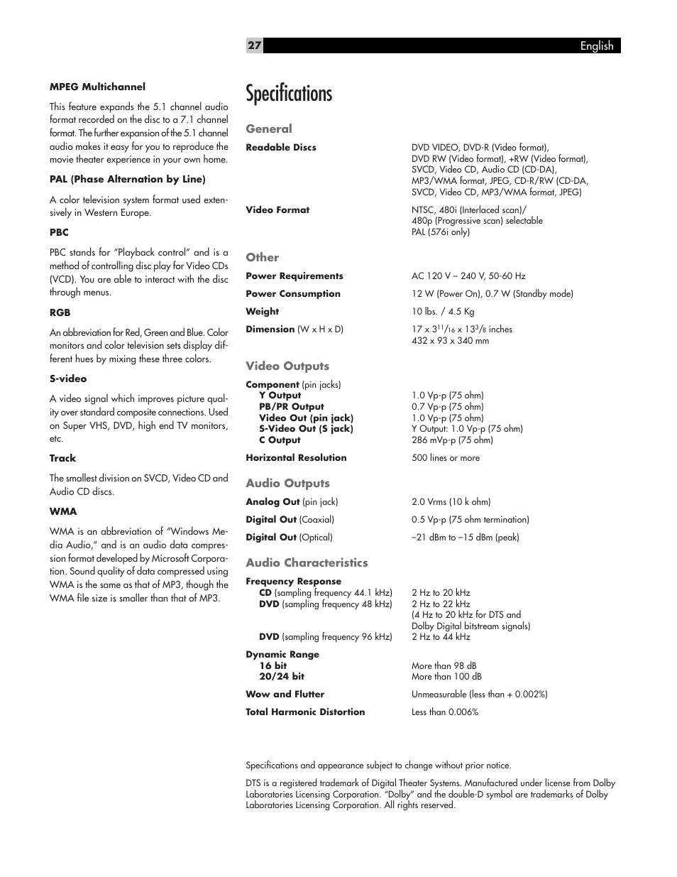 Specifications | ROTEL RDV-1040 User Manual | Page 27 / 31