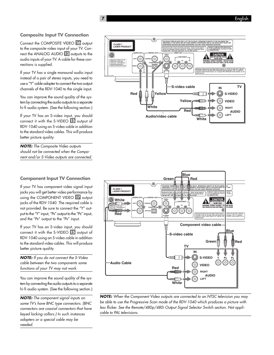 Composite input tv connection, Component input tv connection, English | Output to the “p, Input, and the “p | ROTEL RDV-1040 User Manual | Page 7 / 31