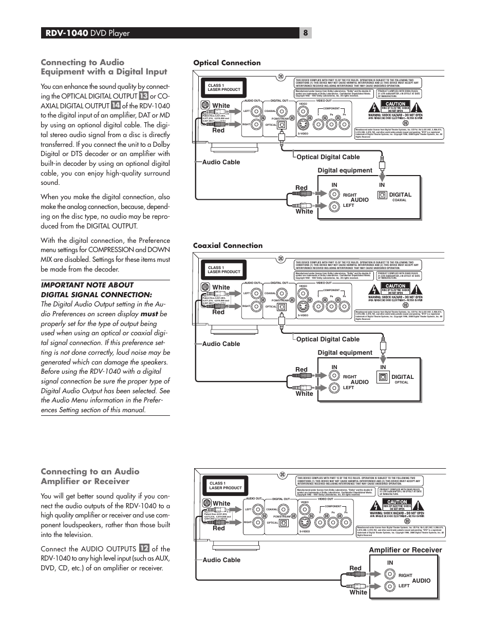 Connecting to audio equipment with a digital input, 8amplifier or receiver, Audio cable white red red white | Digital equipment | ROTEL RDV-1040 User Manual | Page 8 / 31