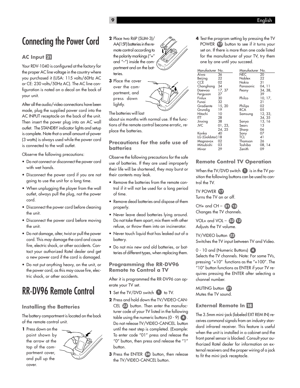 Connecting the power cord, Rr-dv96 remote control | ROTEL RDV-1040 User Manual | Page 9 / 31