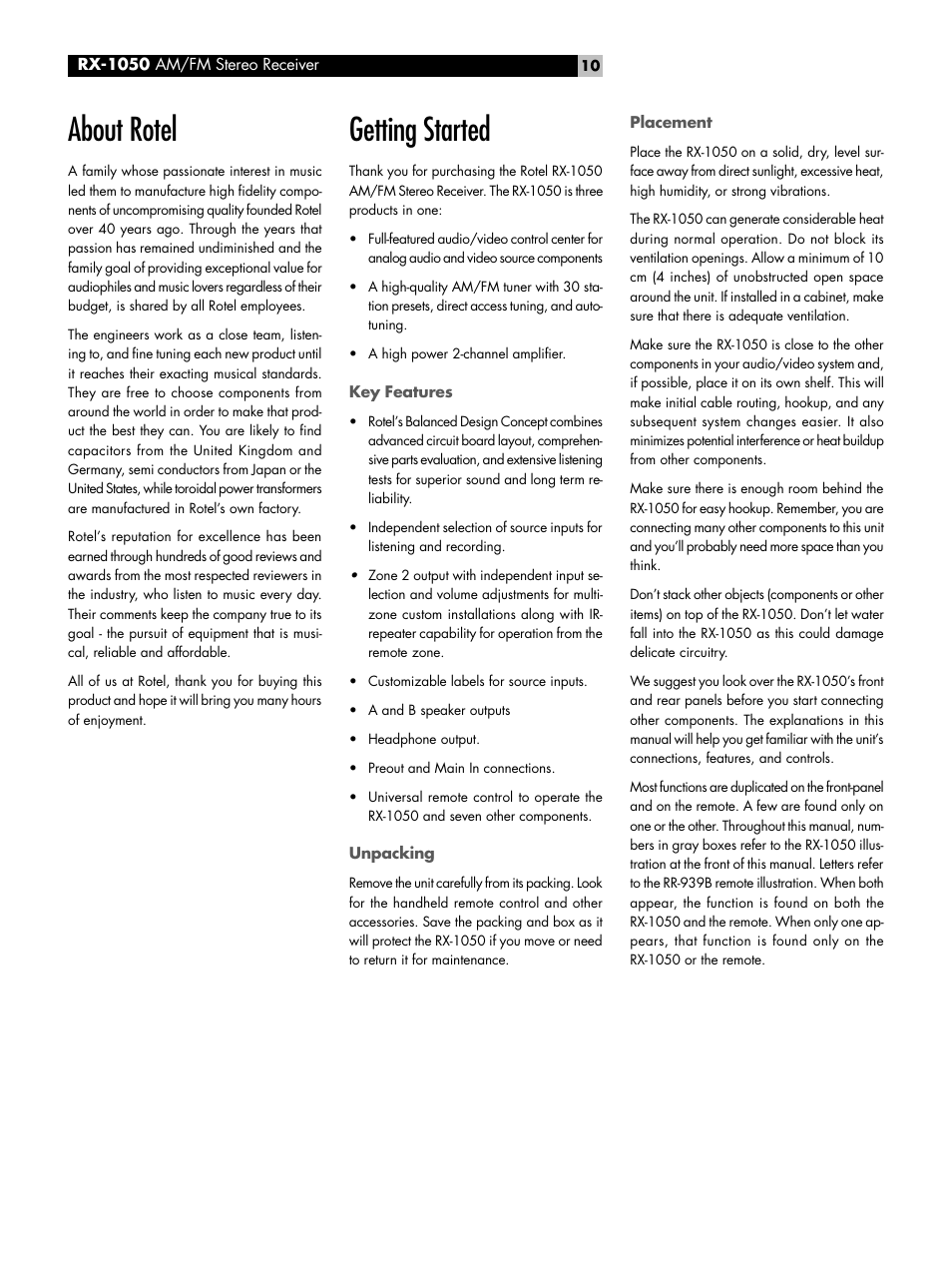 About rotel, Getting started, Key features | Unpacking, Placement, Getting started key features unpacking placement | ROTEL RX-1050 User Manual | Page 10 / 20