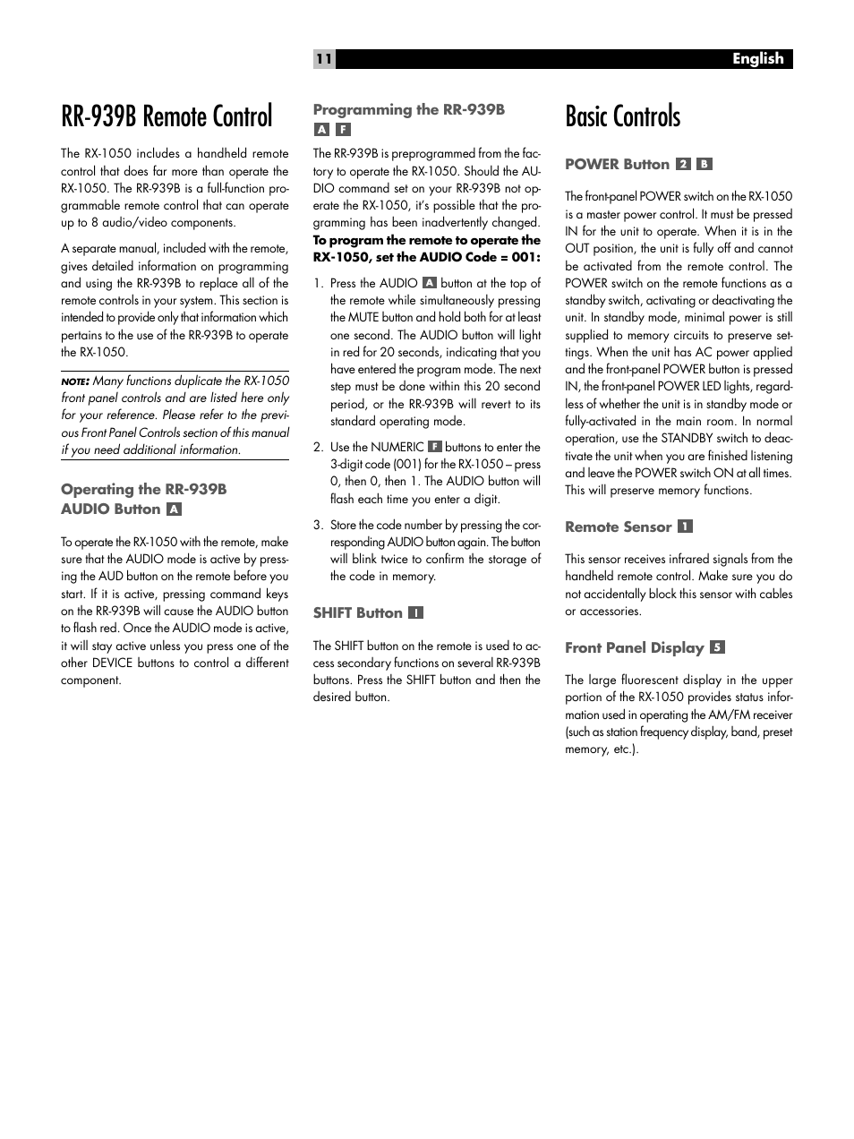 Rr-939b remote control, Operating the rr-939b audio button, Programming the rr-939b | Shift button, Basic controls, Power button, Remote sensor, Front panel display, Basic controls power button | ROTEL RX-1050 User Manual | Page 11 / 20