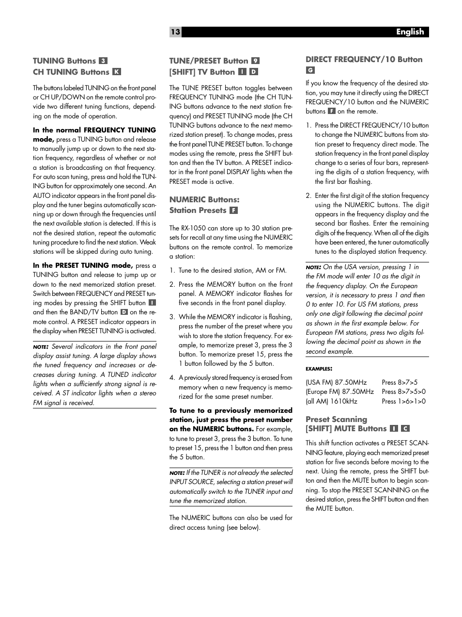 Tuning buttons ch tuning buttons, Tune/preset button [shift] tv button, Numeric buttons: station presets | Direct frequency/10 button, Preset scanning [shift] mute buttons | ROTEL RX-1050 User Manual | Page 13 / 20