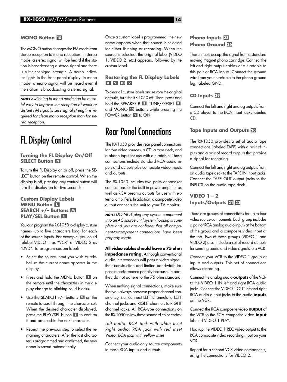 Mono button, Fl display control, Turning the fl display on/off select button | Restoring the fl display labels, Rear panel connections, Phono inputs phono ground, Cd inputs, Tape inputs and outputs, Video 1 - 2 inputs/outputs, Rear panel connections phono inputs phono ground | ROTEL RX-1050 User Manual | Page 14 / 20