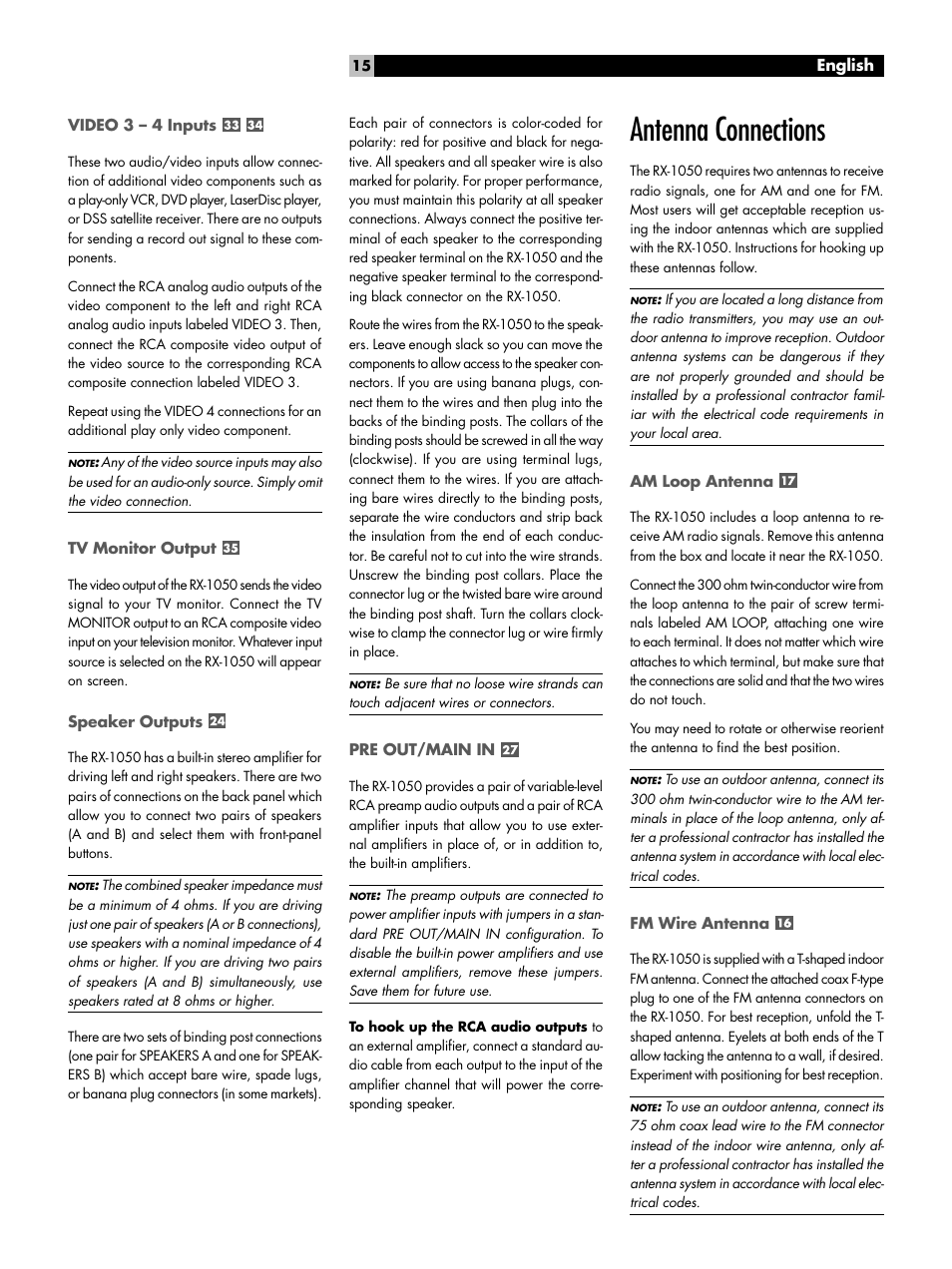 Video 3 - 4 inputs, Tv monitor output, Speaker outputs | Pre out/main in, Antenna connections, Am loop antenna, Fm wire antenna, Video 3 – 4 inputs, Antenna connections am loop antenna | ROTEL RX-1050 User Manual | Page 15 / 20