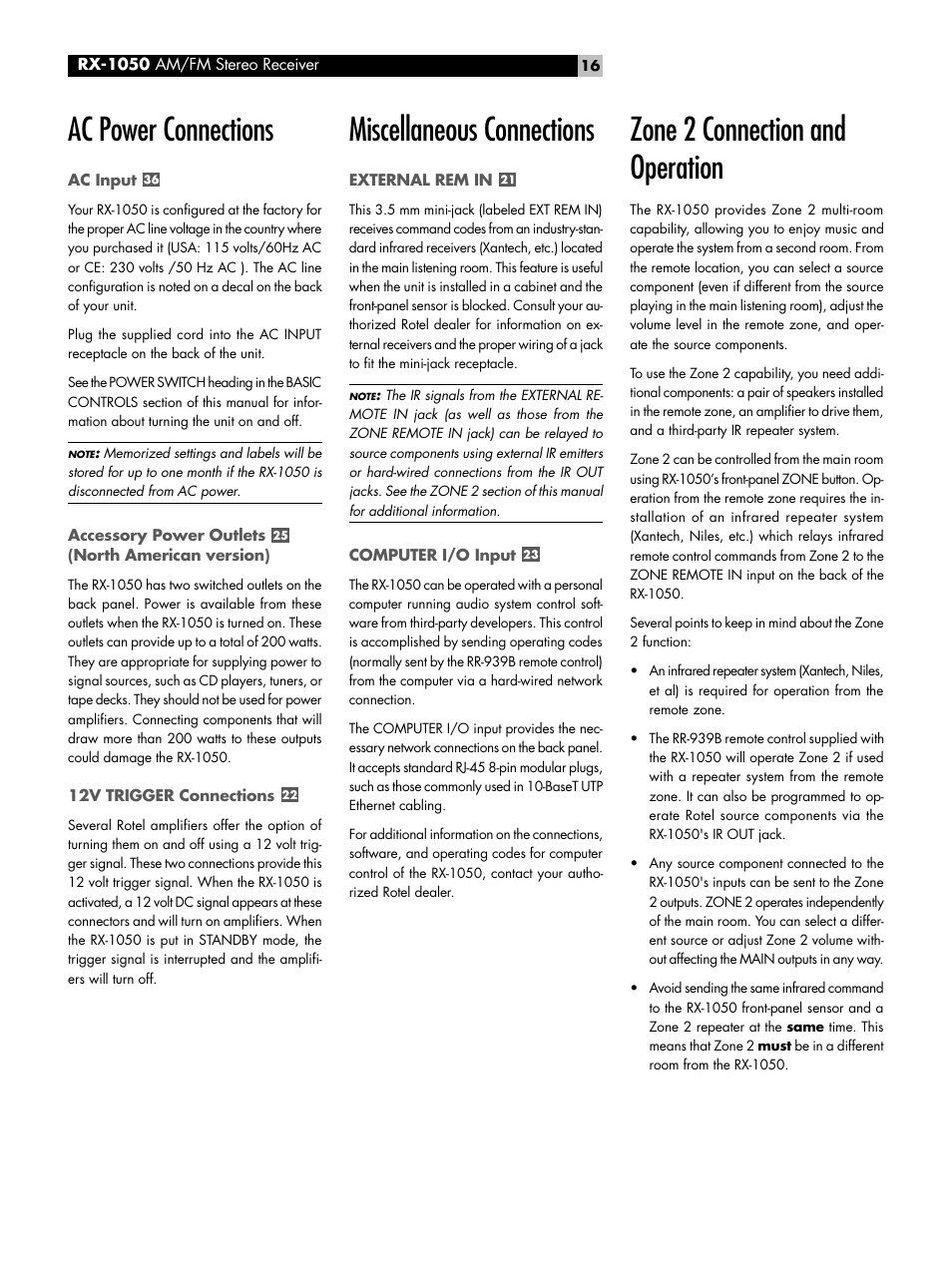 Ac power connections, Ac input, Accessory power outlets (north american version) | 12v trigger connections, Miscellaneous connections, External rem in, Computer i/o input, Zone 2 connection and operation, Ac power connections ac input, Miscellaneous connections external rem in | ROTEL RX-1050 User Manual | Page 16 / 20
