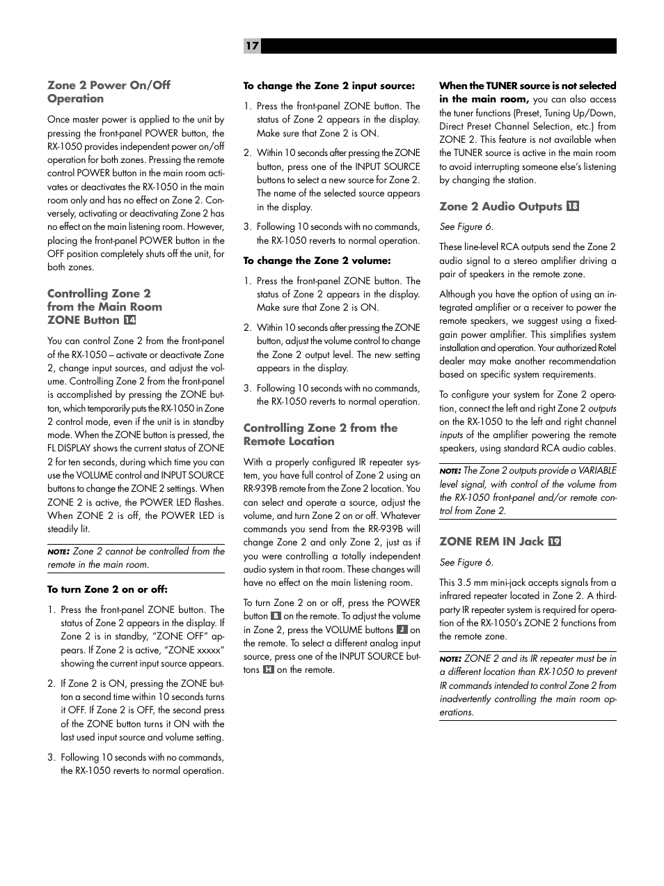 Zone 2 power on/off operation, Controlling zone 2 from the main room zone button, Controlling zone 2 from the remote location | Zone 2 audio outputs, Zone rem in jack | ROTEL RX-1050 User Manual | Page 17 / 20