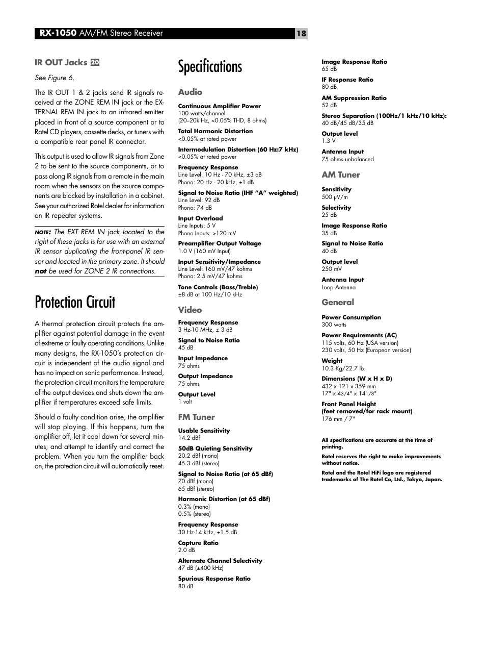 Ir out jacks, Protection circuit, Specifications | Audio, Video, Fm tuner, General, Rx-1050 am/fm stereo receiver | ROTEL RX-1050 User Manual | Page 18 / 20