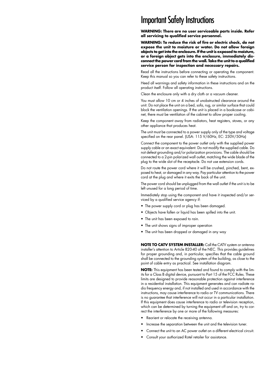 Important safety instructions | ROTEL RX-1050 User Manual | Page 3 / 20